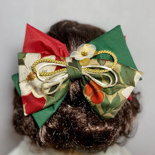 緑 和装ヘアアクセサリー リボン髪飾り 成人式ヘア 振袖ヘア 結婚式 和装リボン