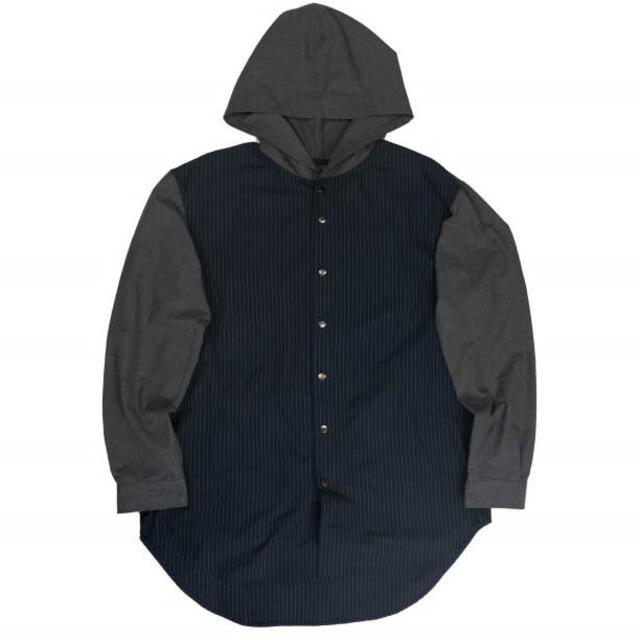 ISAMU KATAYAMA BACKLASH イサムカタヤマバックラッシュ 21AW 日本製 RAYON-POLYESTER OVERFITTING HOODED SHIRT ポリエステルレーヨン ストライプフードシャツ 1964-02 L ネイビー/グレー 長袖 トップス【ISAMU KATAYAMA BACKLASH】