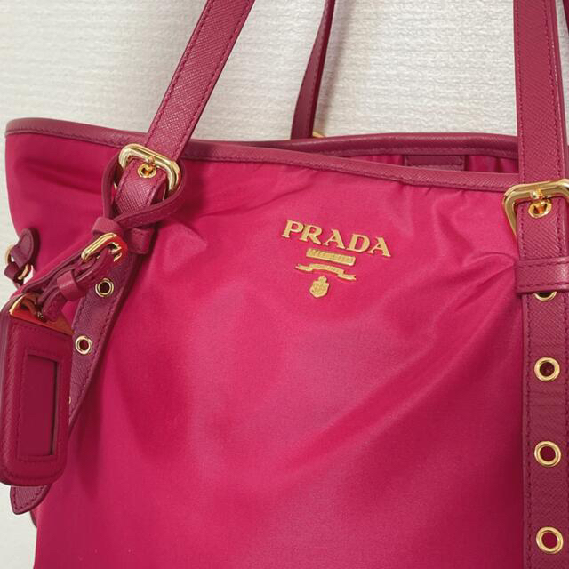 【PRADA トートバッグ】ナイロン×牛革　袋付き　ピンク　A4収納可　美品