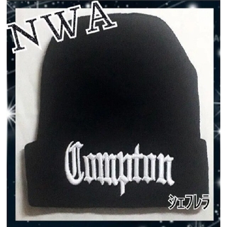 Compton ニットキャップ　ビーニー　ブラック×ホワイト　ニット帽　黒×白(ニット帽/ビーニー)