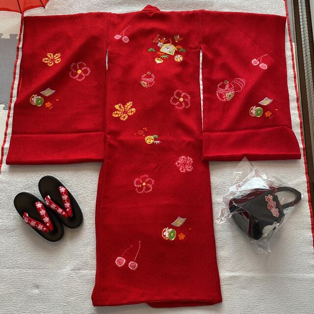 002 七五三　３歳　着物　正絹　お宮参りから　被布　子供 キッズ/ベビー/マタニティのキッズ服女の子用(90cm~)(和服/着物)の商品写真