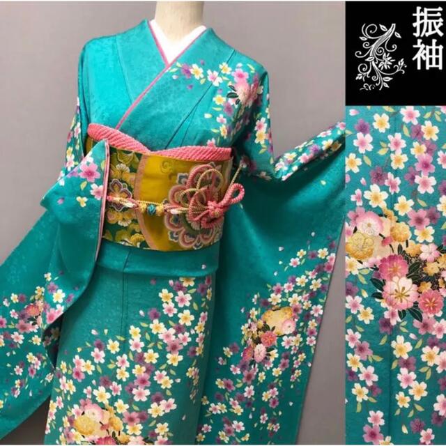 特価価格❣️【金駒刺繍 本振袖⭐️ 絢爛雅桜】青緑色 ナイルブルー グリーン | フリマアプリ ラクマ