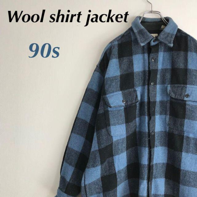 90s ブロックチェック ウール シャツジャケット ブルゾン  メンズ Lにゃーにゃjacket