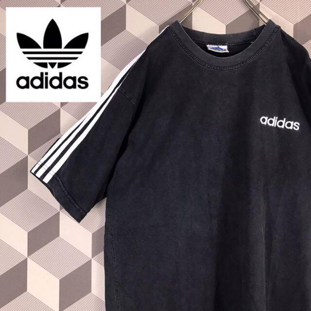 adidas(アディダス)の【90s Adidas】XL相当 サイドライン 刺繍ロゴ Tシャツ ブラック. メンズのトップス(Tシャツ/カットソー(半袖/袖なし))の商品写真