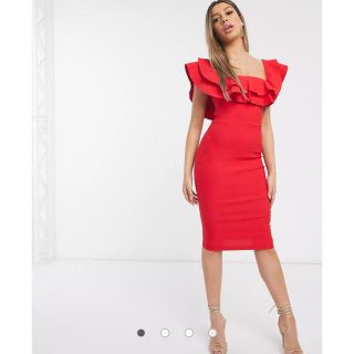 エイソス(asos)の未使用🌹ASOS ミディ 赤 レッド タイト ドレス オフショル Vesper (ミディアムドレス)