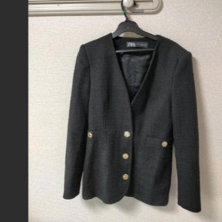 ザラ(ZARA)のザラ ノーカラージャケット ツイード 黒 コットン(ノーカラージャケット)