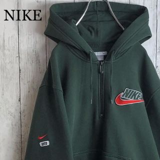 ナイキ(NIKE)の【希少デザイン】ナイキ トルコ製 刺繍ロゴ ハーフジップ アノラックパーカー 緑(パーカー)