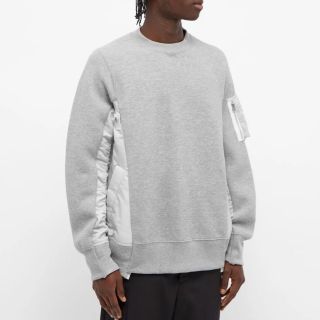 Sacai サカイ スウェット サイズ:2 異素材 切替 コットン ナイロン Sponge Sweat 21-02639M トレーナー プルオーバー MA-1 ハイブリッド 21AW グレー トップス カットソー シンプル 無地 カジュアル ブランド 日本製【メンズ】【K3880】