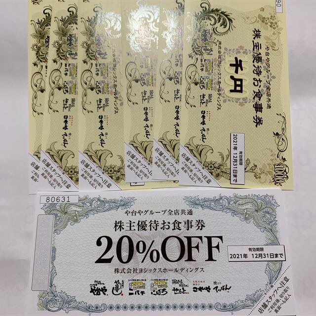 ヨシックス 株主優待 お食事券 6,000円分 + 20%割引券（1,000円券