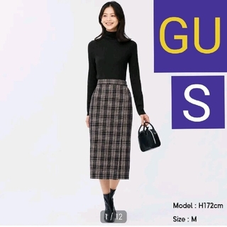 ジーユー(GU)のS 未使用 新品タグ付き GU ジーユー チェックナローミディスカート ブラック(ひざ丈スカート)