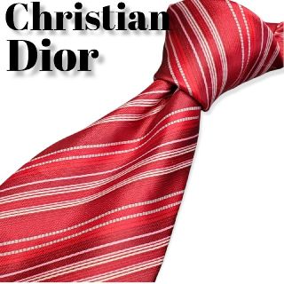 クリスチャンディオール(Christian Dior)のクリスチャンディオール　ハイブランドネクタイ　赤　ストライプ　光沢　メンズ(ネクタイ)