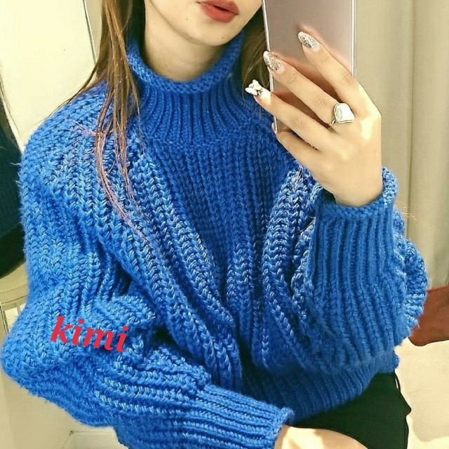 H&M　(M　青)　チャンキーニット　セーター　リブハイネックセーター