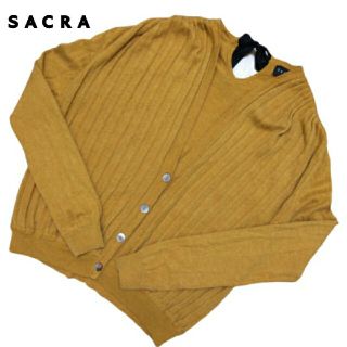 サクラ(SACRA)のsacra　サクラ　カーディガン　リボン　リブ　ウール　アンゴラ　38　ベージュ(カーディガン)