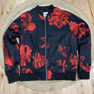 レア◆ZARA ザラ◆花柄 フラワー ローズ チェーン スカル サテン ブルゾン