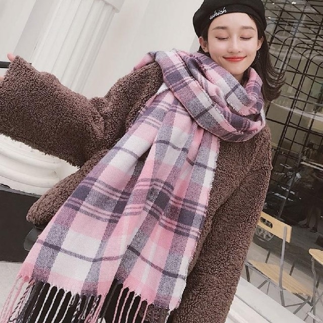 カシミア100％英国”New19FW☆Tartan-check”ラベPink レディースのファッション小物(ストール/パシュミナ)の商品写真