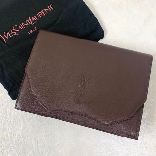 サンローラン(Saint Laurent)のイヴサンローラン　クラッチバッグ　YSL　ロゴ　型押し　裏地総柄　レザー　茶色(クラッチバッグ)