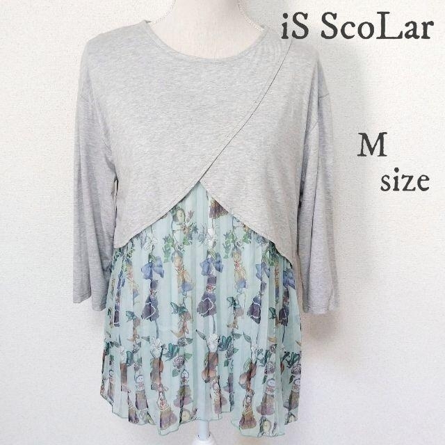 ScoLar(スカラー)の【iS ScoLar】ネコマトリ柄 シフォンプリーツ 切替プルオーバー 灰 M レディースのトップス(カットソー(長袖/七分))の商品写真