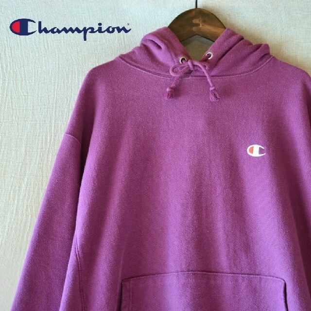 ★Champion チャンピオン★リバースウィーブ 目付きロゴパーカー 紫Lストリートファッション