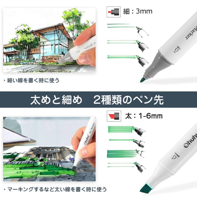 Ohuhu マーカーペン 160色 コミック 油性 アルコールマーカー 太細両端 インテリア/住まい/日用品の文房具(ペン/マーカー)の商品写真