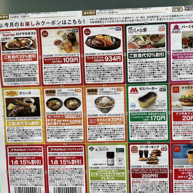 JAF 優待券　クーポン　12月　※関西版 チケットの優待券/割引券(レストラン/食事券)の商品写真