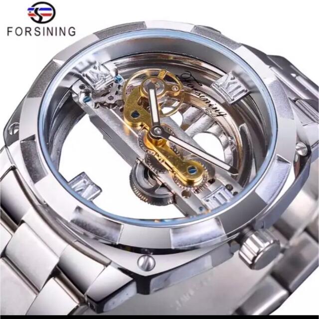自動巻　機械式　アナログ　フルスケルトン　腕時計　シルバー　ステンレス鋼　防水