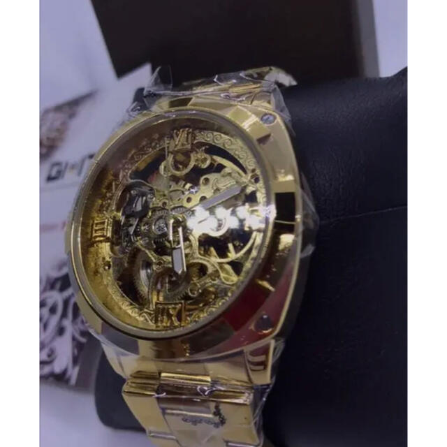 自動巻　機械式　アナログ　フルスケルトン　腕時計　ゴールドステンレス鋼　防水