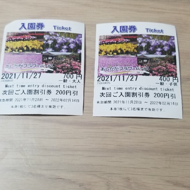 あしかがフラワーパーク　割引券×2 チケットの施設利用券(遊園地/テーマパーク)の商品写真