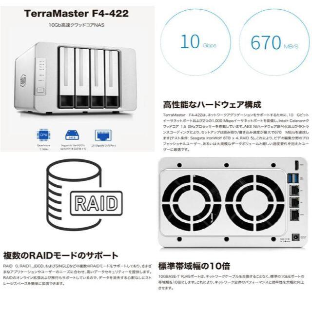 【限定セール中】TerraMaster F4-422 NAS 4ベイ 10GbE スマホ/家電/カメラのPC/タブレット(PC周辺機器)の商品写真