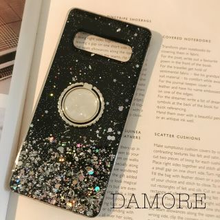 No.75＊指リング付き　ブラックカラーケース　シルバーラメ　GALAXYケース(Androidケース)