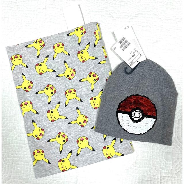 H&M(エイチアンドエム)の新品H&Mポケモンスパンコールニット帽ピカチュウ柄スヌードセット キッズ/ベビー/マタニティのこども用ファッション小物(帽子)の商品写真