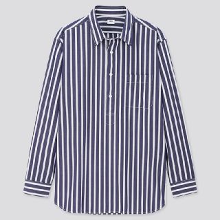 ユニクロ(UNIQLO)のエクストラファインコットンブロードプルオーバーストライプシャツ　ネイビーLサイズ(Tシャツ/カットソー(七分/長袖))