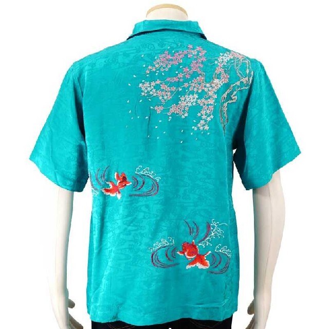 花旅楽団/金魚/刺繍ジャガードシャツ/ブルー/SS-002/アロハシャツ 1