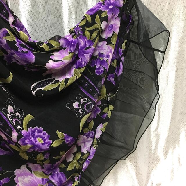 紫花　裾ふんわり黒チュールの長袖ロングドレス　13号 レディースのフォーマル/ドレス(ロングドレス)の商品写真