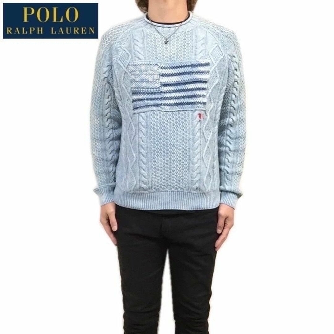 POLO RALPH LAUREN(ポロラルフローレン)の美品 希少 Ｍ ラルフローレン インディゴ染め 星条旗 アラン編み セーター メンズのトップス(ニット/セーター)の商品写真