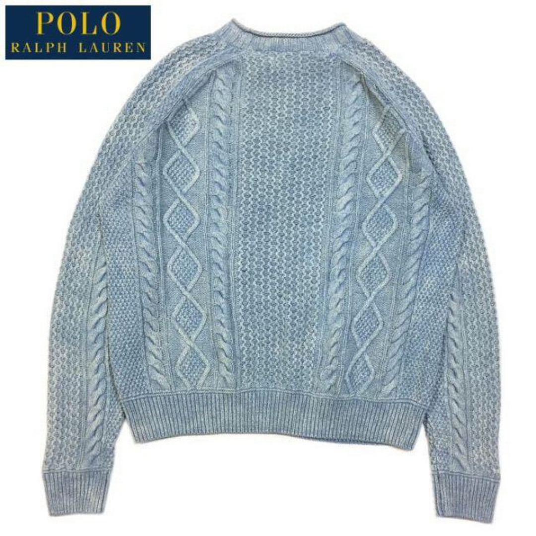 POLO RALPH LAUREN(ポロラルフローレン)の美品 希少 Ｍ ラルフローレン インディゴ染め 星条旗 アラン編み セーター メンズのトップス(ニット/セーター)の商品写真