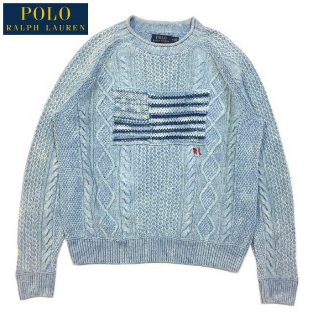 POLO RALPH LAUREN(ポロラルフローレン)の美品 希少 Ｍ ラルフローレン インディゴ染め 星条旗 アラン編み セーター メンズのトップス(ニット/セーター)の商品写真