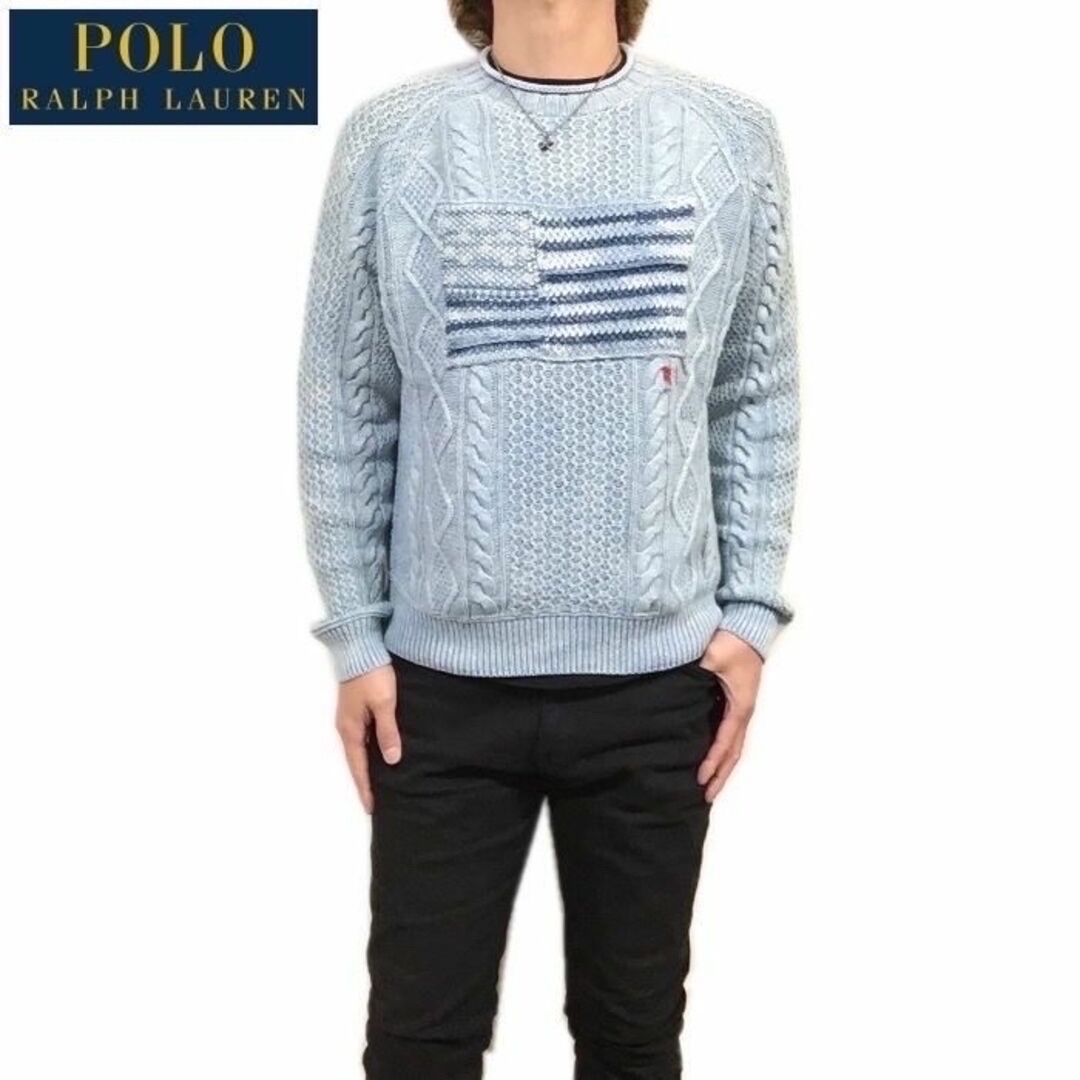 POLO RALPH LAUREN(ポロラルフローレン)の美品 希少 Ｍ ラルフローレン インディゴ染め 星条旗 アラン編み セーター メンズのトップス(ニット/セーター)の商品写真