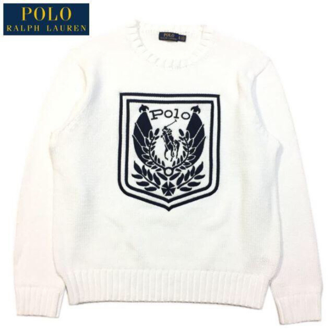 POLO RALPH LAUREN(ポロラルフローレン)の美品 希少 ＸＬ ポロ ラルフローレン クレスト 刺繍 コットンセーター 白 メンズのトップス(ニット/セーター)の商品写真