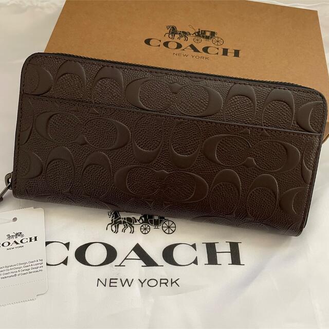 7T3-COACH コーチ メンズ 長財布 シグネチャー エンボス マホガニー ブラウン