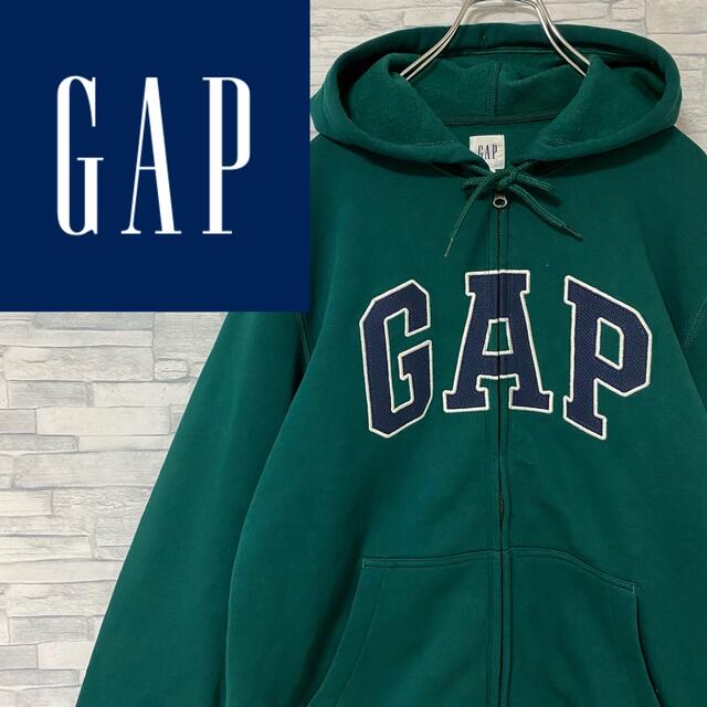 GAP(ギャップ)の【未使用】人気カラー　GAP フルジップパーカー　デカロゴ　グリーン　M メンズのトップス(パーカー)の商品写真