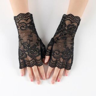 新品ウエディングレース黒フィンガーレス結婚式ネイル魅せ手袋ショートグローブ2(手袋)