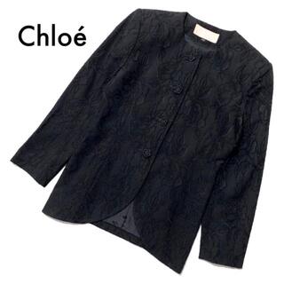 クロエ(Chloe)の美品クロエブラックフォーマル ノーカラージャケット 花柄刺繍 黒 9号M 礼服(ノーカラージャケット)