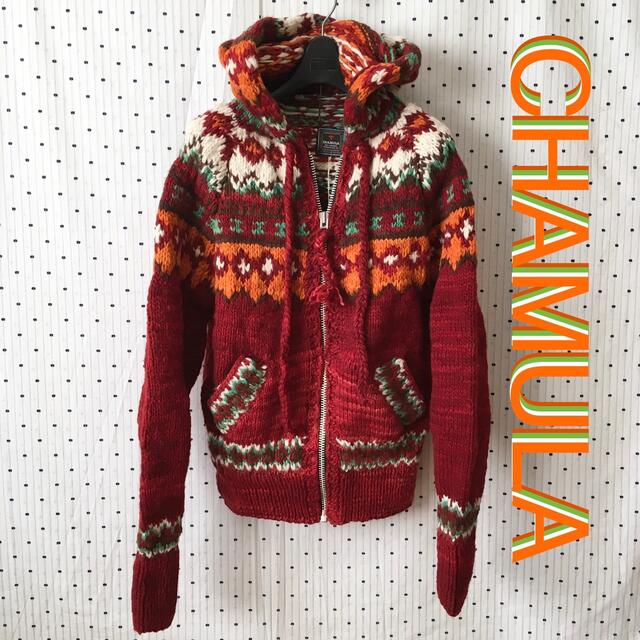 titicaca(チチカカ)のCHAMULAチャムラニットフーディー カウチンデザインパーカーセーターRED レディースのジャケット/アウター(その他)の商品写真