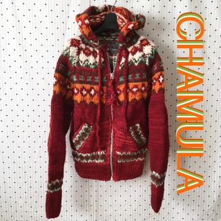 チチカカ(titicaca)のCHAMULAチャムラニットフーディー カウチンデザインパーカーセーターRED(その他)