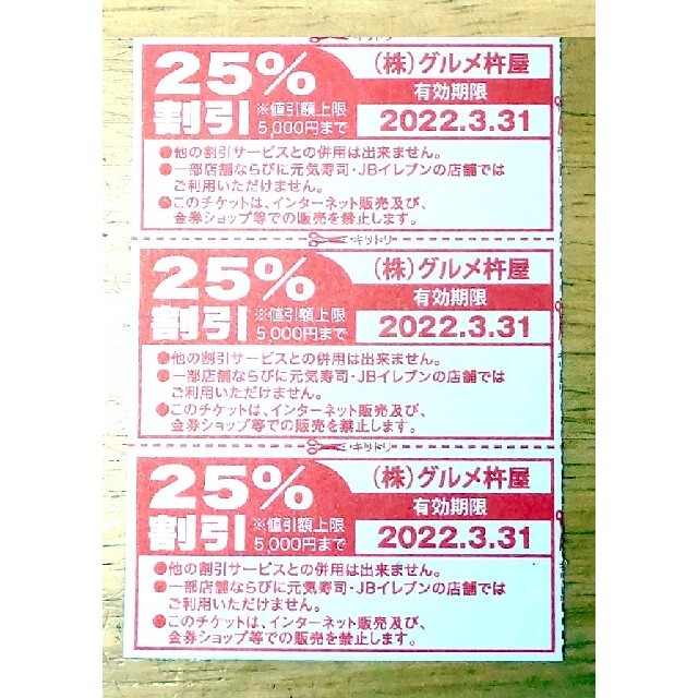 迅速発送!即対応!最新グルメ杵屋25%off割引券3枚 チケットの優待券/割引券(レストラン/食事券)の商品写真