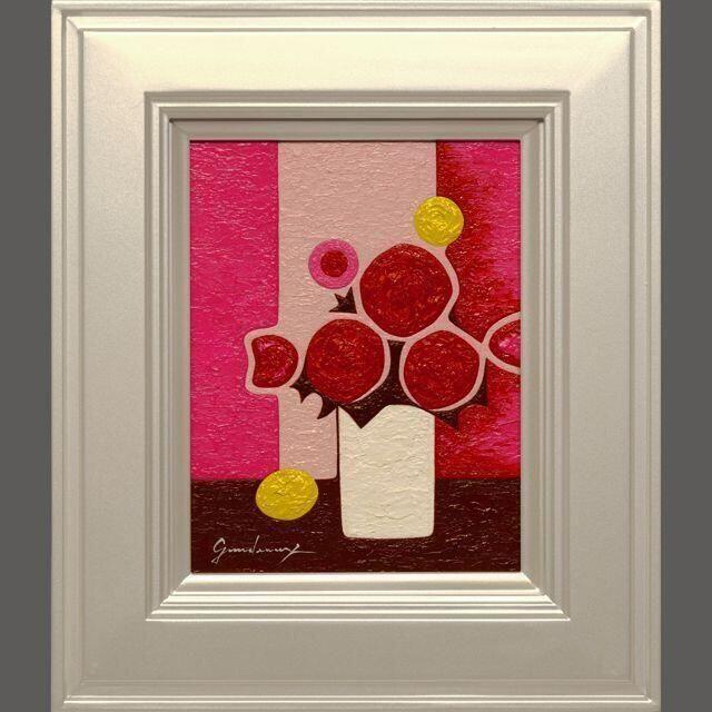 小さい油絵○『ミニピンクの背景の花』○がんどうあつし絵画F0号