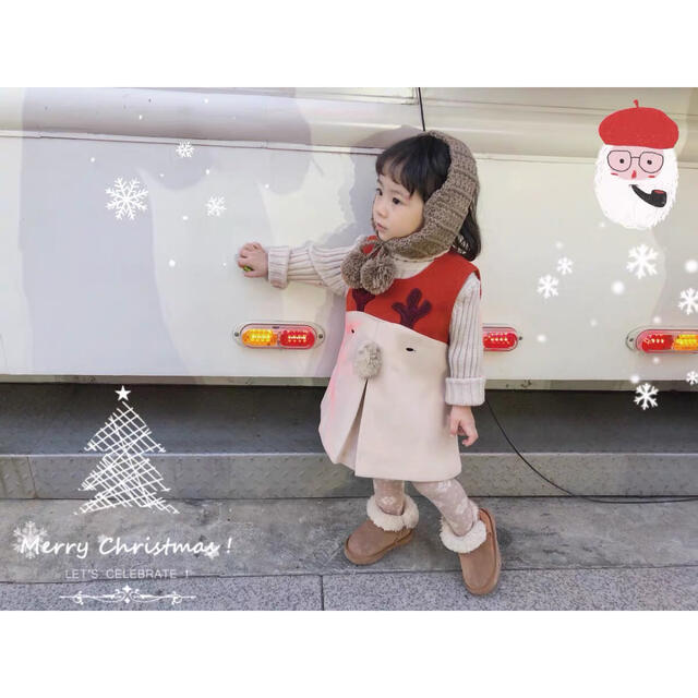 子供服　クリスマス　鹿プリント ワンピース かわいい　洋服 トナカイ 120cm キッズ/ベビー/マタニティのキッズ服女の子用(90cm~)(ワンピース)の商品写真