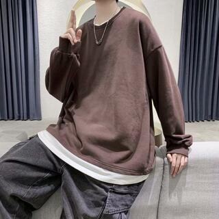 ロングTシャツ 韓国 メンズ　ブラウン 茶色 カットソー トップス 長袖 重ね着(Tシャツ/カットソー(七分/長袖))