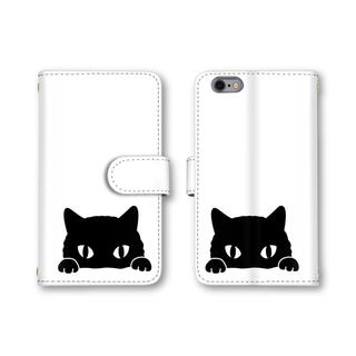 ホワイト 黒ネコ 猫 スマホケース 手帳型 スマホカバー ほぼ全機種対応(Androidケース)