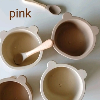 【ピンク】シリコンボウル　ベビー食器　離乳食　出産祝　プレゼント　韓国子供(離乳食器セット)